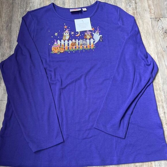 Quaker Factory NWT Halloween Shirt Women's XL Purple Embroidered - Picture 1 of 7